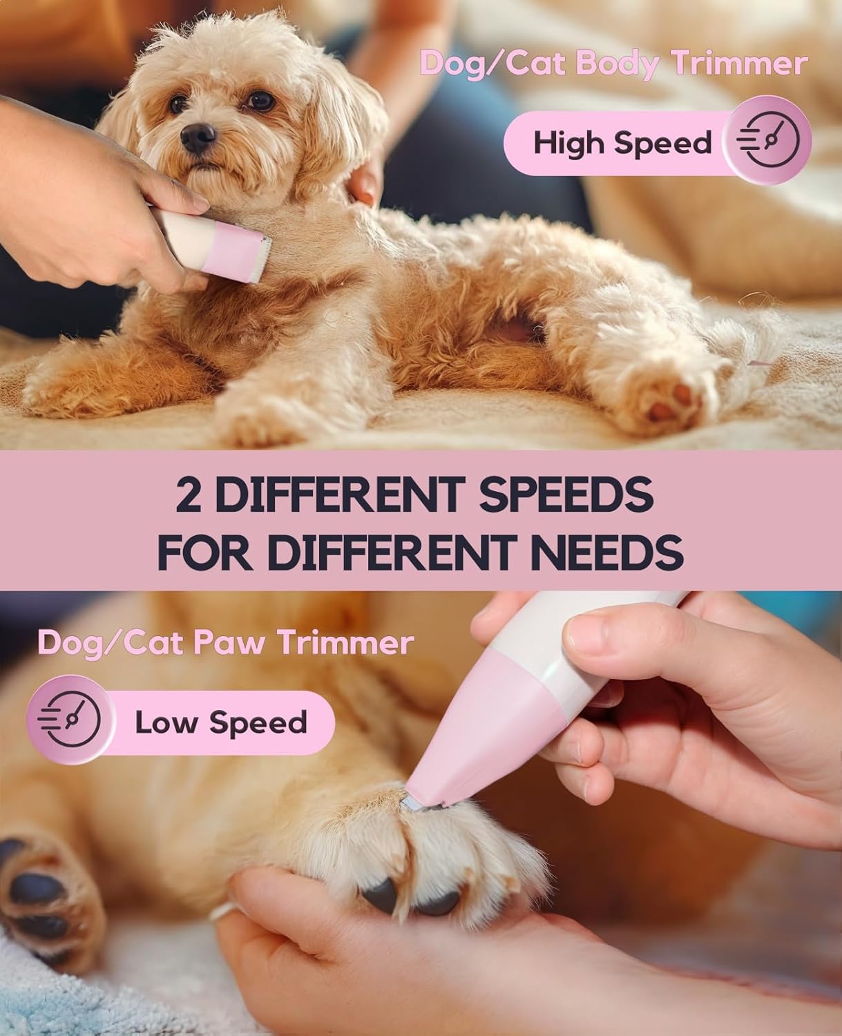 Dog Clippers Grooming Kit, 4 in 1 Quiet Cordless Dog Paw Trimmer & Nail Grinder, Small Cat Clippers Electric Rechargeable Low Noise Pet Shaver for Trimming Hair on Paw Eye Ear Face Rump (Pink) - Image 5
