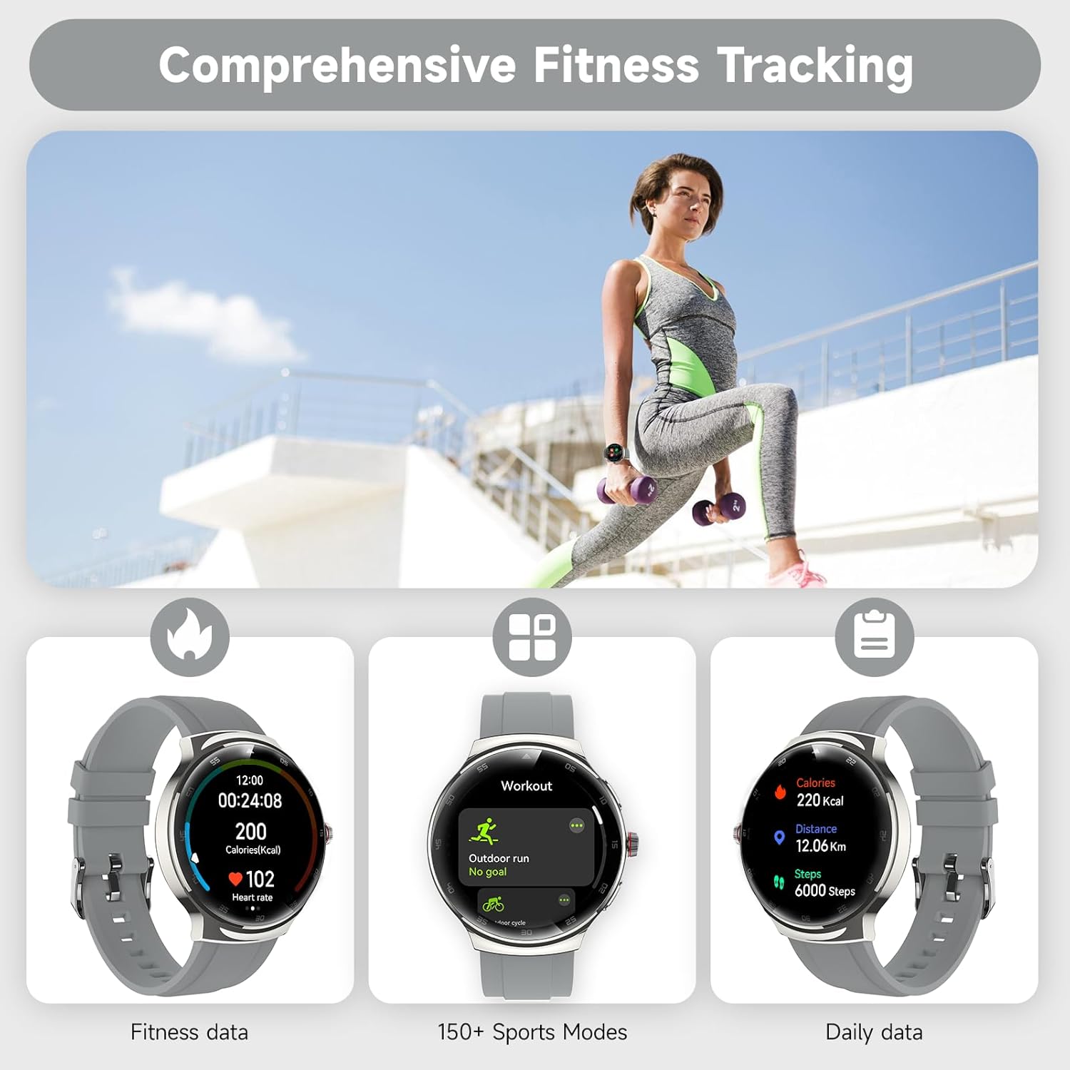 Smart Watches for Men Women, 1.43'' AMOLED Touchscreen Smartwatch for Android & iPhone, 150+ Sports Modes, Waterproof Fitness Tracker, Heart Rate/SpO2/Stress/Sleep Monitor, 2 Bands, Silver - Image 5