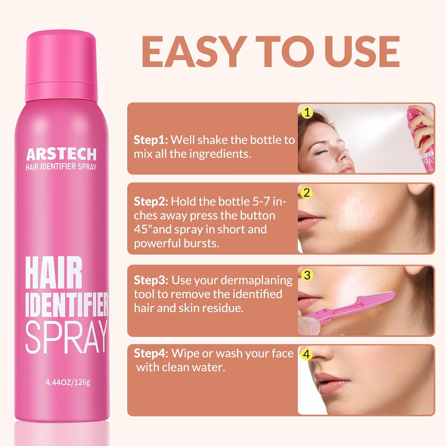 Hair Identifier Spray for Face Shaving Dermaplaning Tool Skin Body Dermaplaning Spray for Women with 4 Face Razor for Face Shaver Hair Removal Kit Excess Hair Dermaplane Razor for Women Face - Image 5