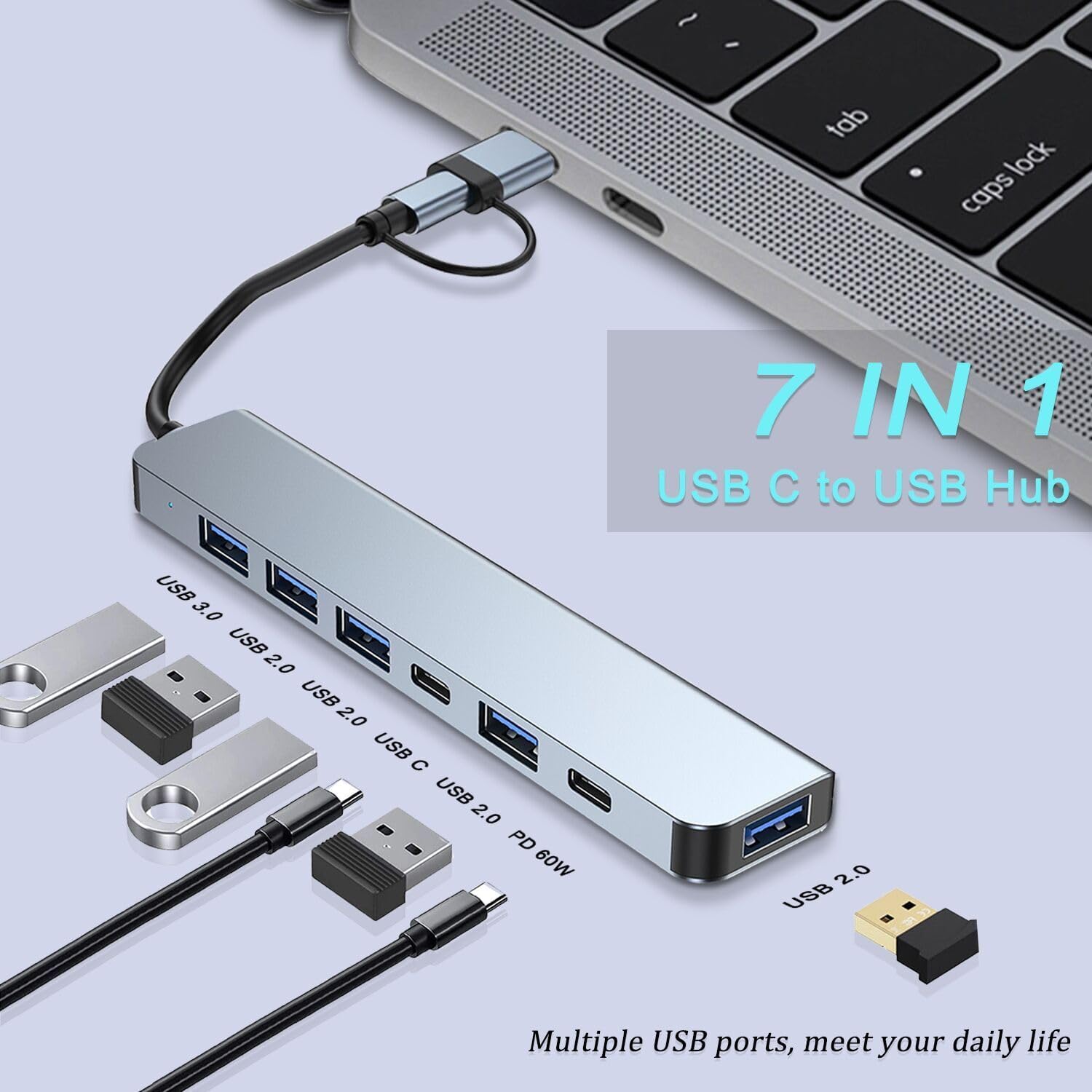 VIENON Aluminum USB C & USB Hub 7-in-1 with USB 3.0, USB-C Ports for PC/Laptops/MacBook Pro/Air/iMac/iPad and More Devices - Image 2
