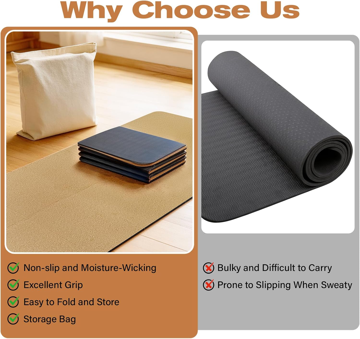 LILXIU Foldable Cork Yoga Mat 72 * 24 in 4 mm Thick Sweat Resistant with Rubber Base Hot Yoga Mat with Storage Bag Lightweight Grip Mats for Travel and Pilates Fitness Home Workouts - Image 6