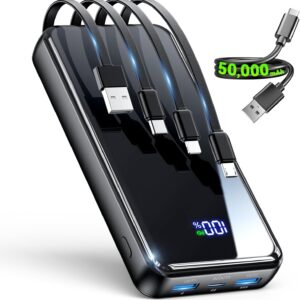 Portable Charger,50000mAh Power Bank Built-in Cable, 22.5W PD USB C In & Out Fast Charging, External Battery Pack with 6 Output & 2 Input, Travel Phone Charger for iPhone 17/16/15/14/13/12(Black)
