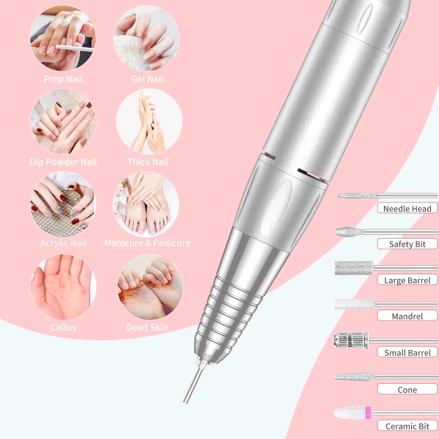 MOCOWIND Portable Nail Drill Professional 35000 RPM, Rechargeable Electric Nail File Machine Cordless E-File for Acrylic Gel Polishing Removing with Bits Kit for Manicure Salon Home, Pink - Image 2