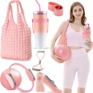 Poen 7 Pcs Pilates Essentials Kit for Women Home Workout Pilates Equipment Ring and Ball Set with 11.81 Inch Circle 9.84 Inch Yoga Ball Resistance Bands Cup Bag Socks for Beginners