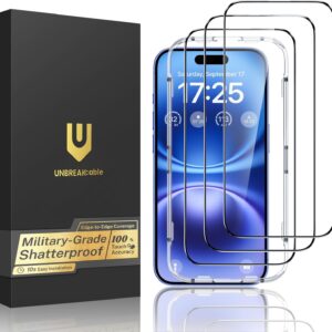 UNBREAKcable for iPhone 16 Screen Protector, 3-Pack Full Coverage Tempered Glass [Military Grade Shatterproof] [9H Hardness] [Easy Installation Frame] [Bubble Free] for iPhone 16 6.1″