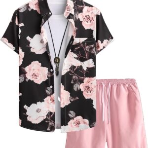 GORGLITTER Men’s 2 Piece Vacation Beach Outfits Floral Button Down Shirt and Shorts Cruise Attire Sets