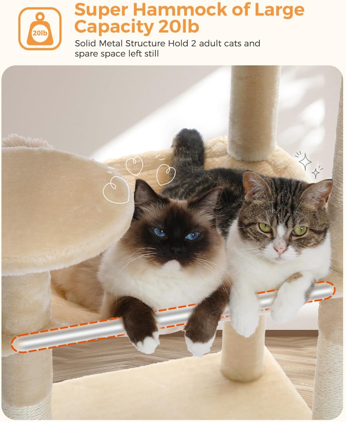 MUTTROS Cat Tree for Large Cats Adult with Metal Plush Big Hammock, 56.3" Cat Tower with 2 Door Condo House, 6-Tier Cat Shelves with Scratching Posts and Large Top Perch, Beige - Image 3
