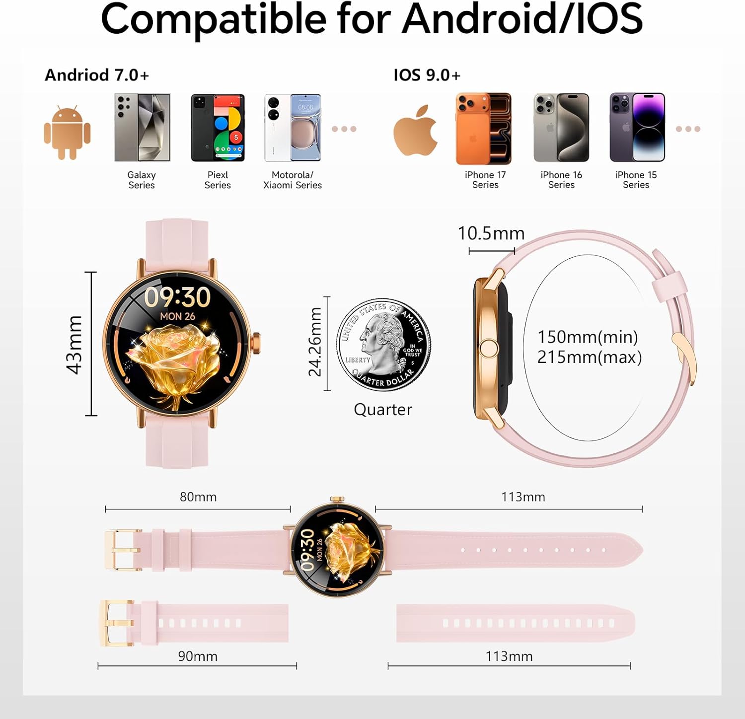 Smart Watch for Women,1.57" Touch Screen Smartwatch for iPhone& Samsung& Android,Answer/Make Call,Fitness Tracker with Heart Rate/SpO2/Sleep Monitor,IP68 Waterproof,110+ Sports Mode,2 Bands - Image 7