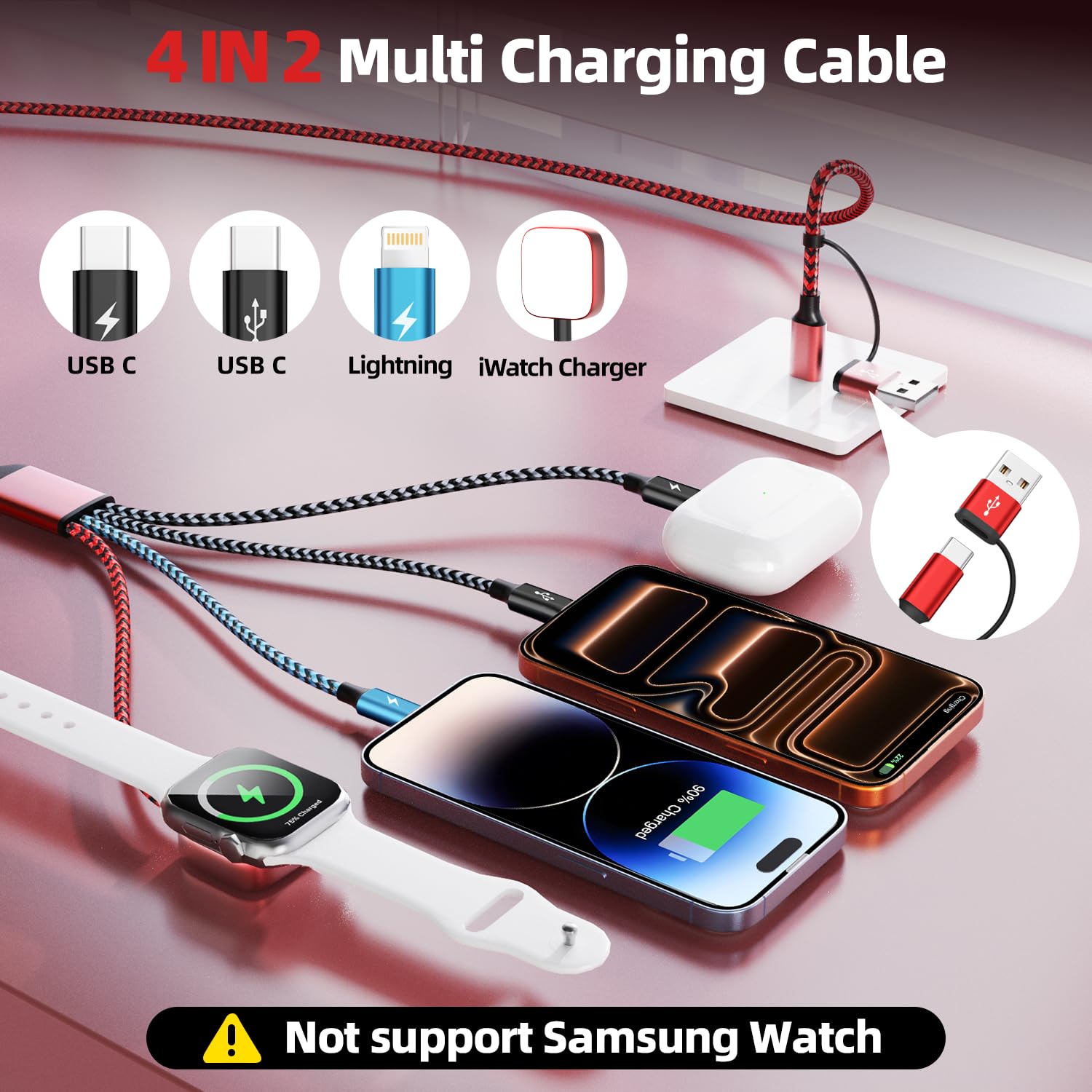 Cruise Essentials 2026, Dual Type-C 4 in 2 Multi Charging Cable for iPhone Watch Charger/iPhone 17/IP, iWatch Charger, Travel Camping Essentials Compatible with iWatch 11-2/Ultra/iPhone 17-8,Car 5FT - Image 3