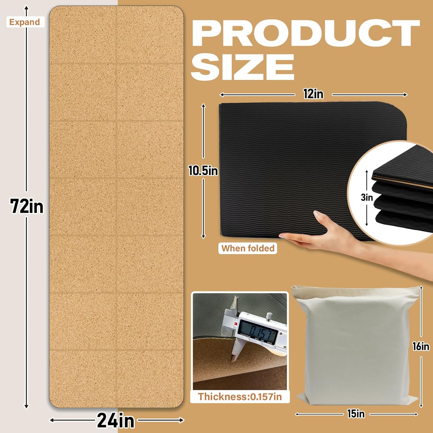 LILXIU Foldable Cork Yoga Mat 72 * 24 in 4 mm Thick Sweat Resistant with Rubber Base Hot Yoga Mat with Storage Bag Lightweight Grip Mats for Travel and Pilates Fitness Home Workouts - Image 2