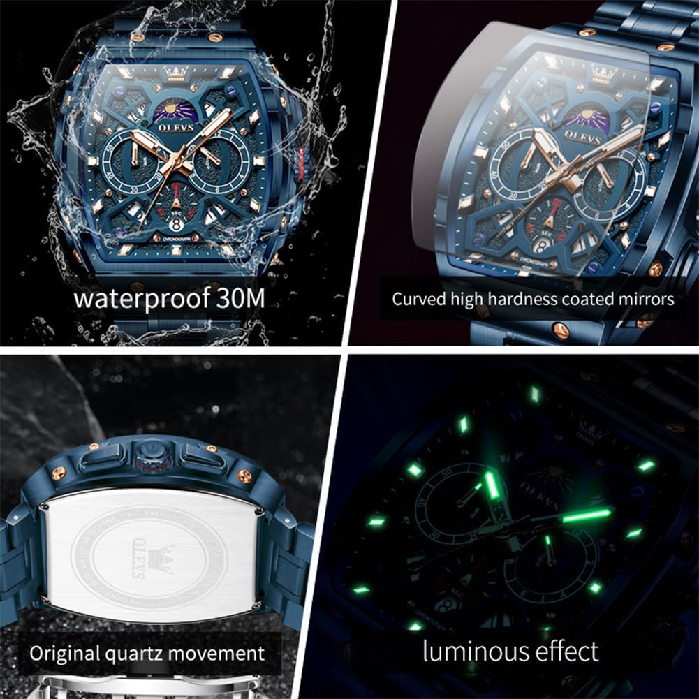 OLEVS Men Watches Business Dress Chronograph Big Square Quartz Analog Male Watch Silicone Strap Waterproof Date Gift Mens Wrsit Watch Silver - Image 3
