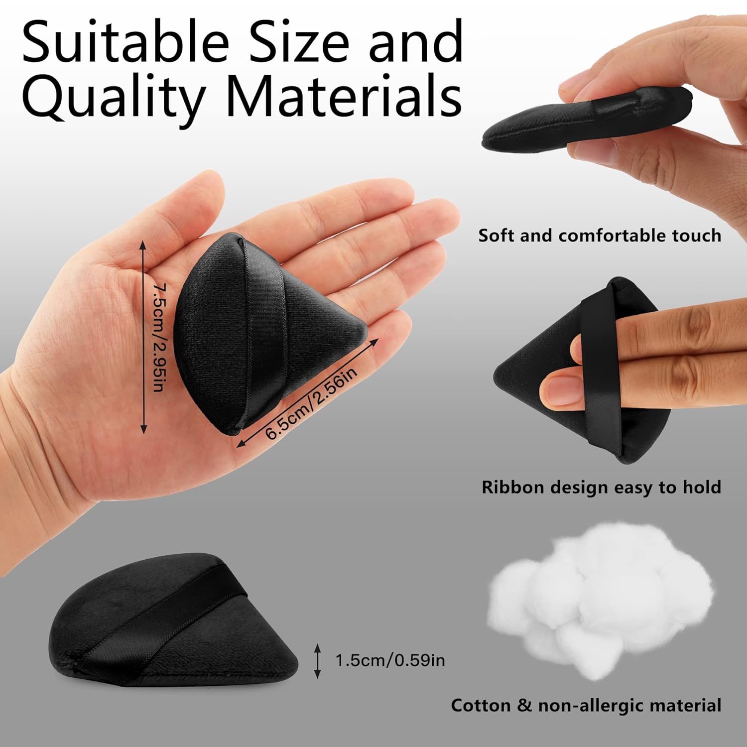 EVAOUXIU 2 Pcs Triangle Powder Puff for Face Powder, Soft Plush Setting Makeup Puff, Velour Cosmetic Foundation Blender Sponge Beauty Makeup Tools (Black) - Image 6