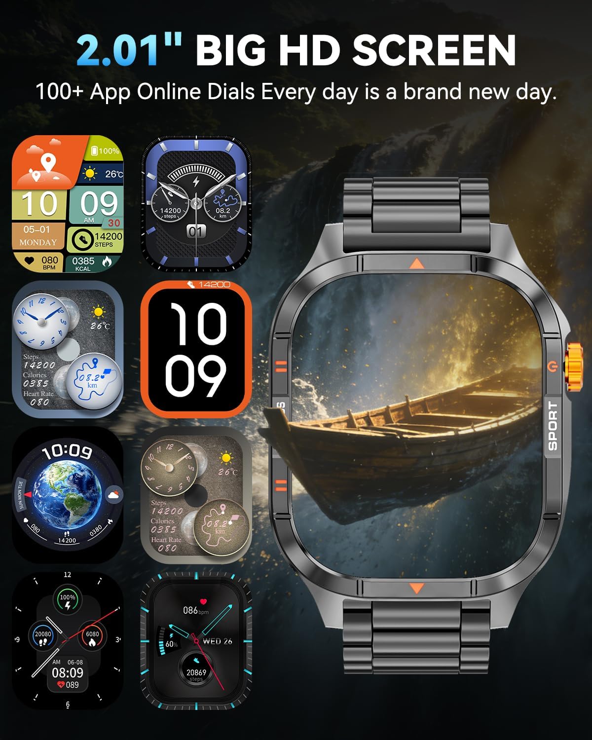 Military Smart Watches for Men, 2.01'' Smart Watch with 1000mAh Battery/Flashlight,Answer/Make Calls Smart Watch for Android and iPhone with SpO2/Heart Rate/Sleep/100+ Sport Modes, Fitness Tracker - Image 5