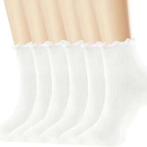 DQCUTE Women’s Ruffled Ankle Boot Socks – Soft Knit Cotton Lettuce Trim Crew Socks for Teen Women 6 Pairs