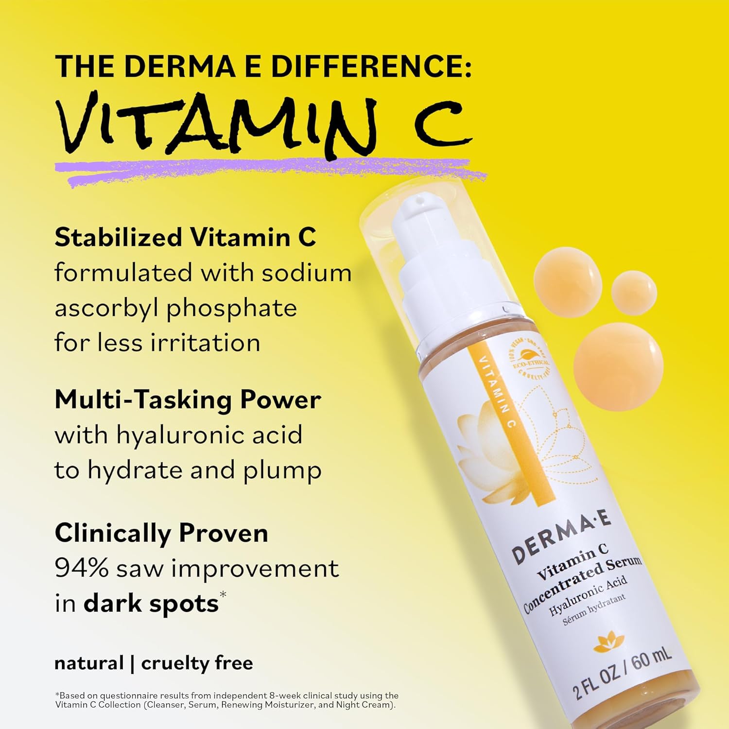 DERMA E Vitamin C Concentrated Serum, 2 Oz, with Hyaluronic Acid, Vitamin E & Aloe, All Natural, Antioxidant-Rich Concentrated Formula, Hydrating & Brightening Vitamin C Face Serum - Image 6