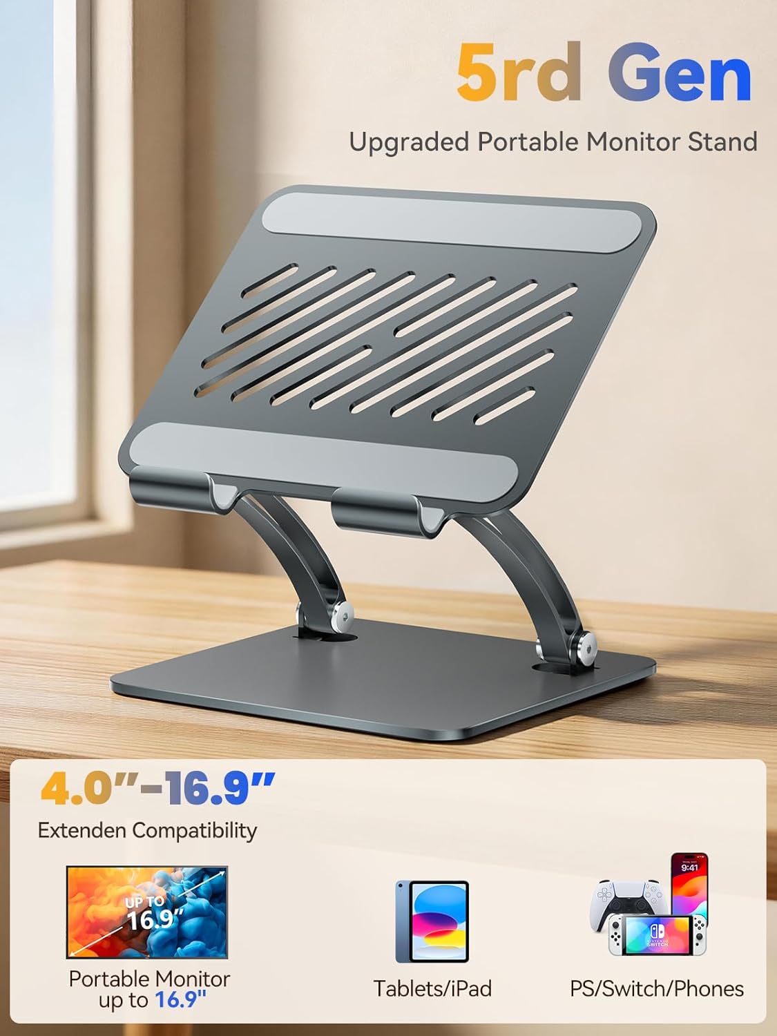 tounee Tablet Holder Stand, Dual Rod Adjustable Aluminum Desktop Stand, Compatible with 4.7-16.9" iPads, Surface Tablets, Portable Monitors, Kindle & More (Gray) - Image 2