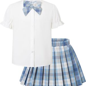 Betusline Girls Skirt Set JK School Uniform 2-Piece Outfit – Short Sleeve Shirt with Bow & Pleated Skirt 4T-14Y