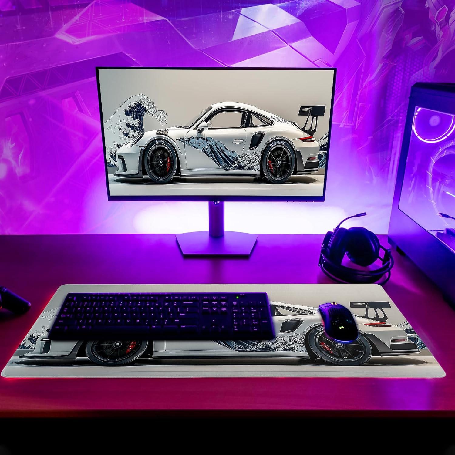 White Ukiyo-e Style Sports Car Large Gaming Mouse Pad Desktop Mat 31.5x11.8 Inch - Non-Slip Rubber Base - for Gamers - Perfect for Gamers & PC Enthusiasts - Image 6