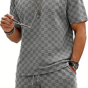 Men’s 2 Piece Set Summer Outfits Casual Geometric Texture Short Sleeve Shirt and Shorts Track Suits for Men Set