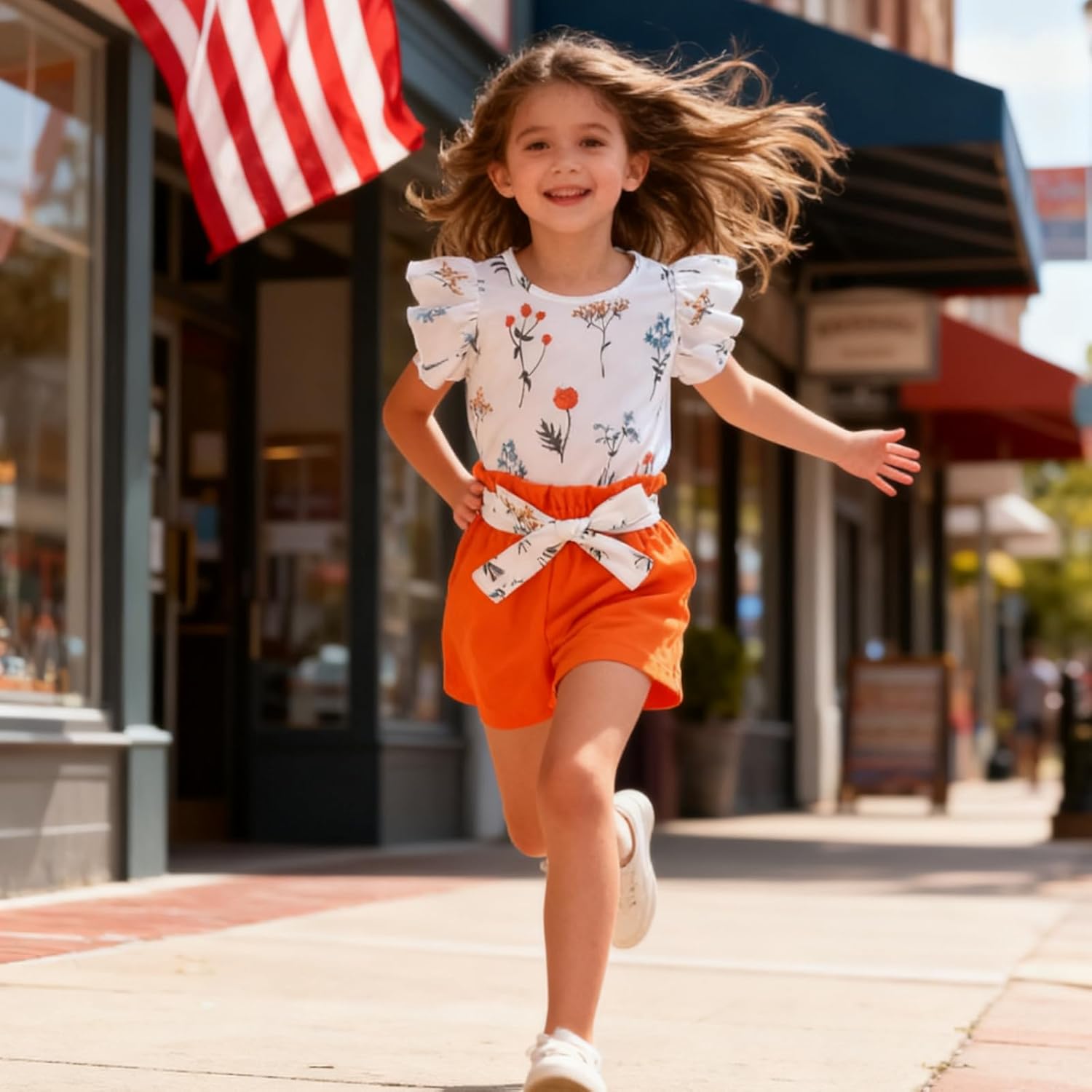 3-8T Toddler Kid Girl Outfits Clothes Ruffle Short Sleeve Floral T-Shirt Top Summer Shorts with Belt - Image 2