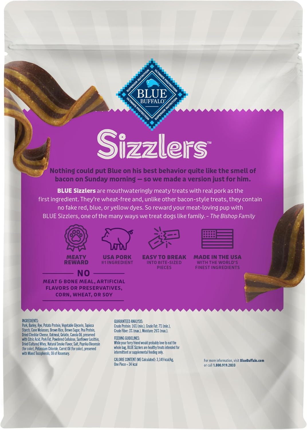 Blue Buffalo Sizzlers Natural Soft Dog Treats, Bacon-Style Soft-Moist Dog Treats with Real USA Pork, Original Flavor, 6-oz Bag - Image 2