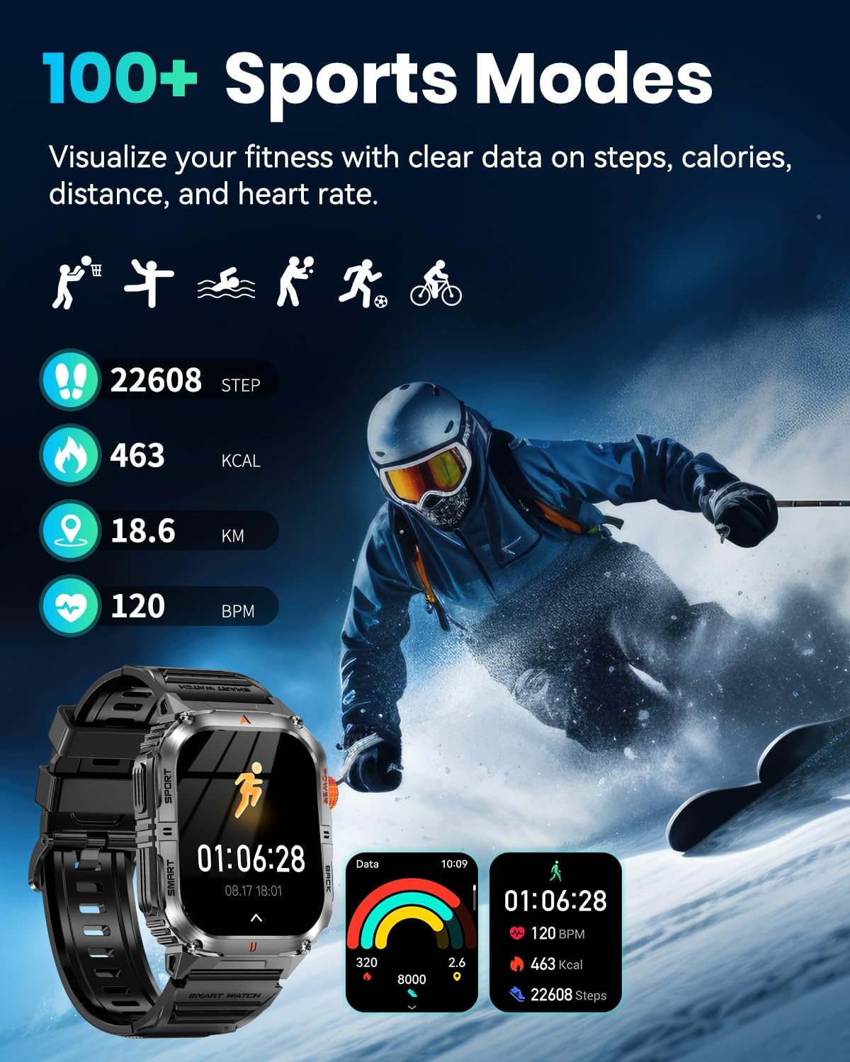 2.0" Large Screen Military Smart Watch for Men, 1200mAh Battery, 100+ Days Battery, Bluetooth Calls, LED Flashlight, IP68 Waterproof, 110+ Sports Modes, Heart Rate/SpO₂/Sleep Monitor for Android & iOS - Image 5