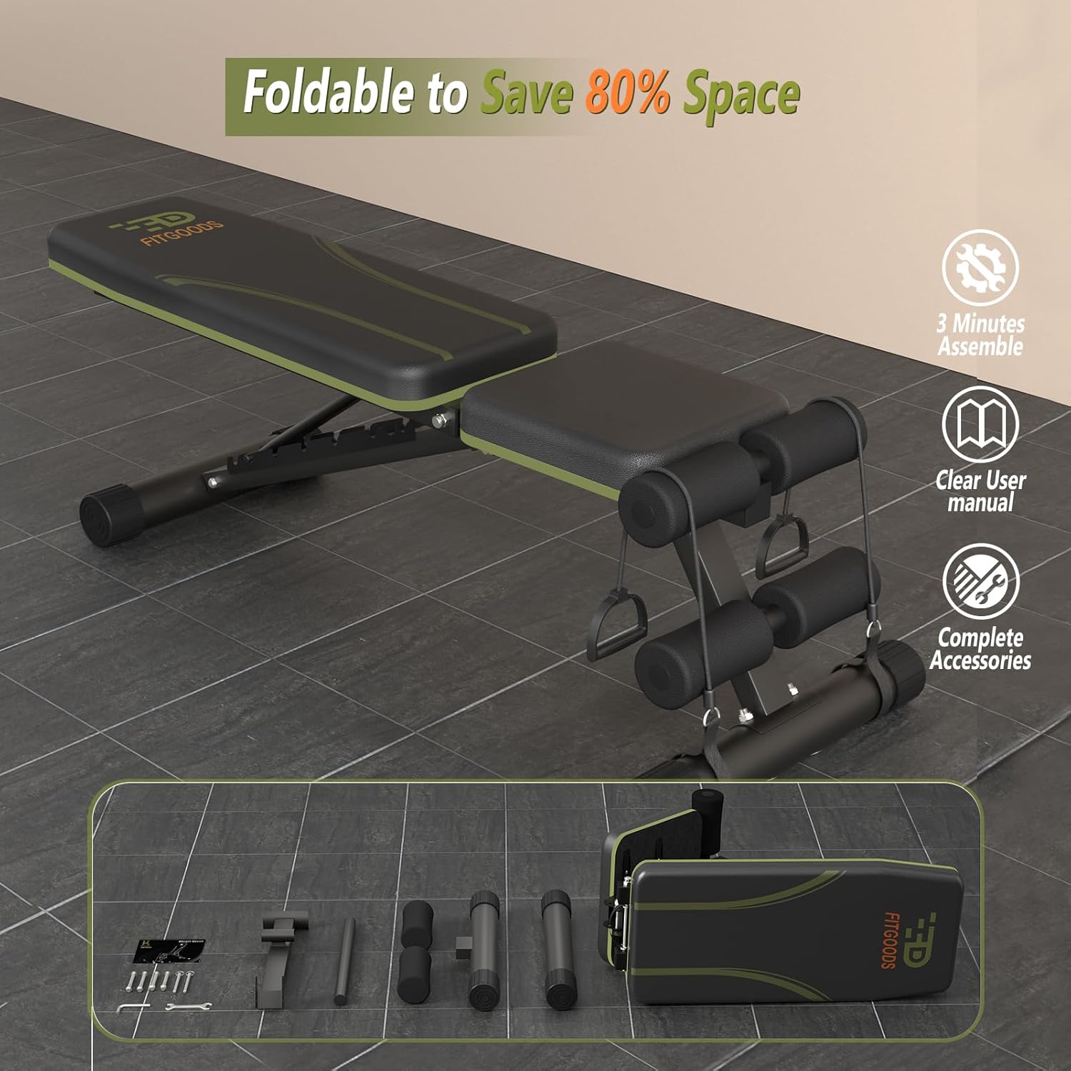 Fitgoods Adjustable Weight Bench for Home Gym, Foldable 700LBS Workout Bench with 9 Backrests, Multi-Purpose Bench Press for Incline Decline Flat with Fast Adjustment (2 resistance bands) - Image 8