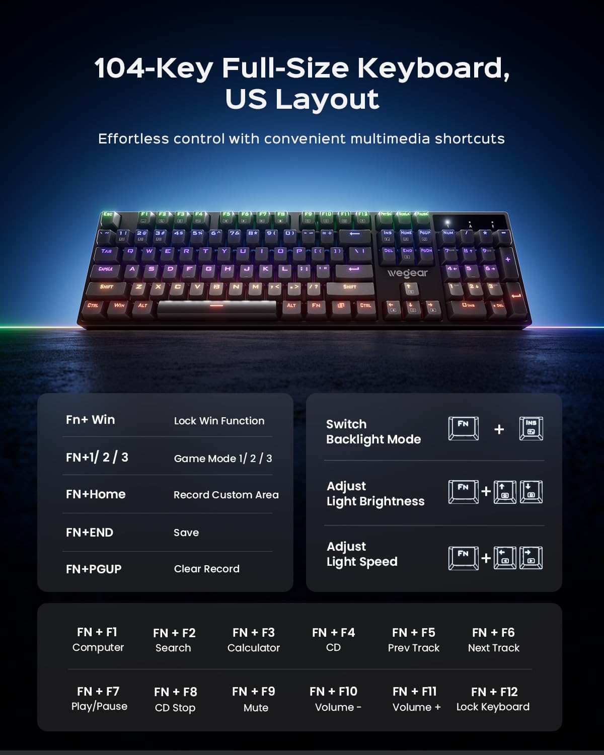 wegear Mechanical Gaming Keyboard with Blue Switch, 104-Key Full Size RGB Backlit Wired Keyboard(11 Modes, Anti-Ghosting, Double-Shot ABS Keycaps, Lighted Computer Key-Board for PC Windows-Black - Image 6