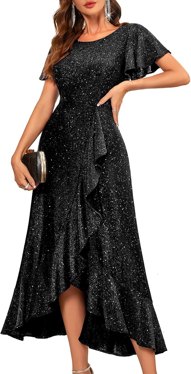 BeryLove Women Sequin Formal Party Dress Flutter Short Sleeve Wedding Cocktail Long Evening Dress
