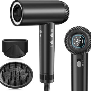 2026 Hair Dryer, 200,000 RPM Professional High Speed Blow Dryer with Diffuser for Women, 1200M Negative Ionic Hair Dryer with Brushless Motor, Low Noise Hair Blow Dryer for Home Travel Salon, Black