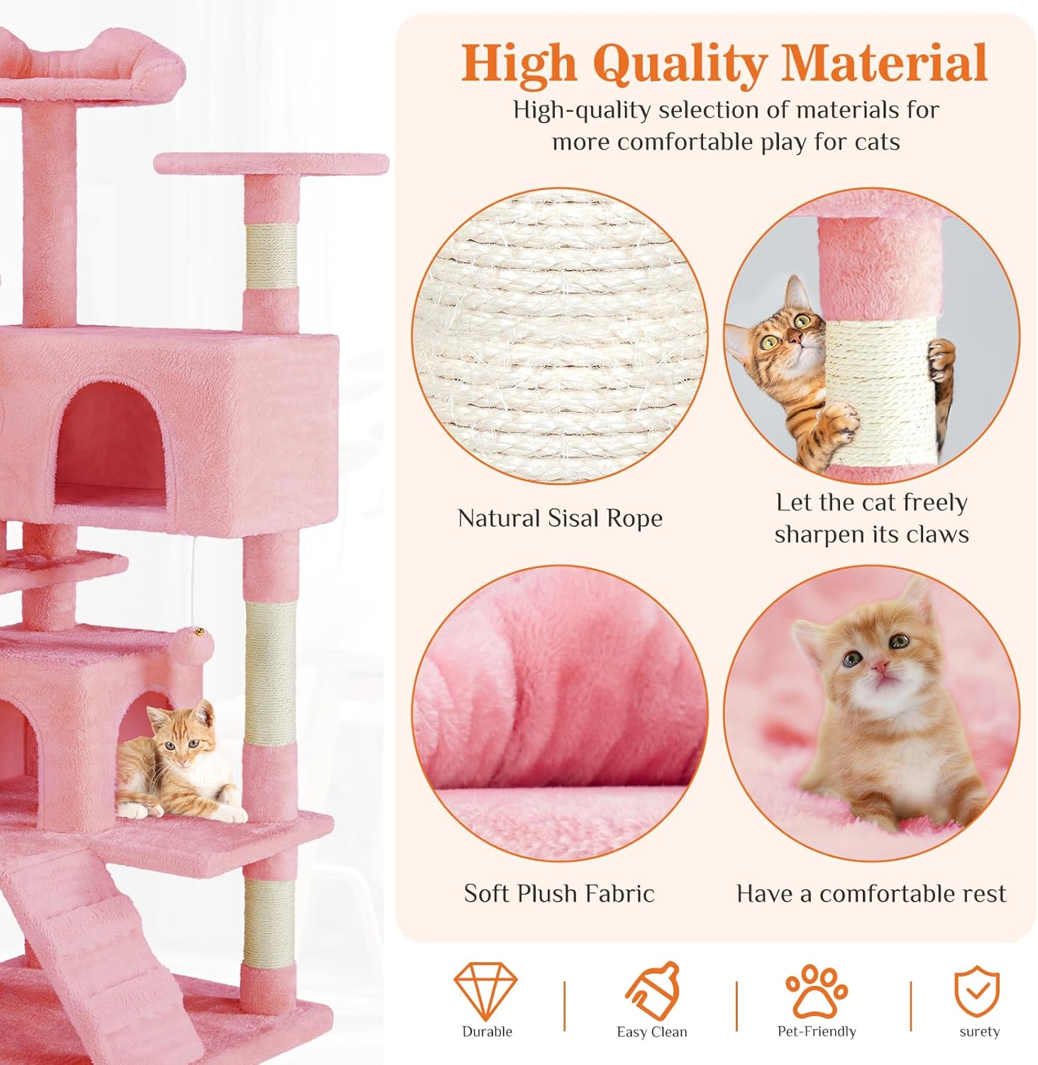 Sweetcrispy 54 Inch Cat Tree Tower, Multi-Level with Cat Scratching Post, Indoor Cat Condo with Climbing Ladder, Plush Toy, Play House for Cat, Pink - Image 4