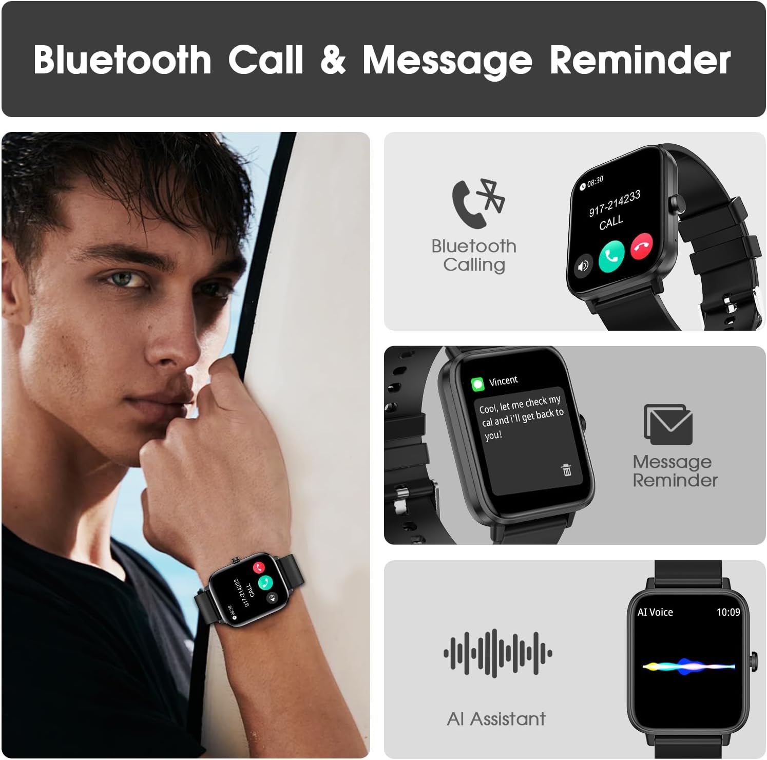Smart Watch (Answer/Make Call): 1.85" Waterproof Fitness Trackers with 24-Hours Blood Pressure Heart Rate SpO2 Sleep Monitor Watches for Men Women, iPhone Android Compatible (Stone Black) - Image 2