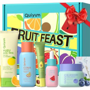 QUIYUM Fruit Skincare for Teens, 5 Daily Routine Beauty Skin Care Sets – Exfoliating, Smooth, Clean, Oil Control, Firm, Hydrating, Glow Up, Facial Skincare Gift Set for Girls Women, for All Skin Types