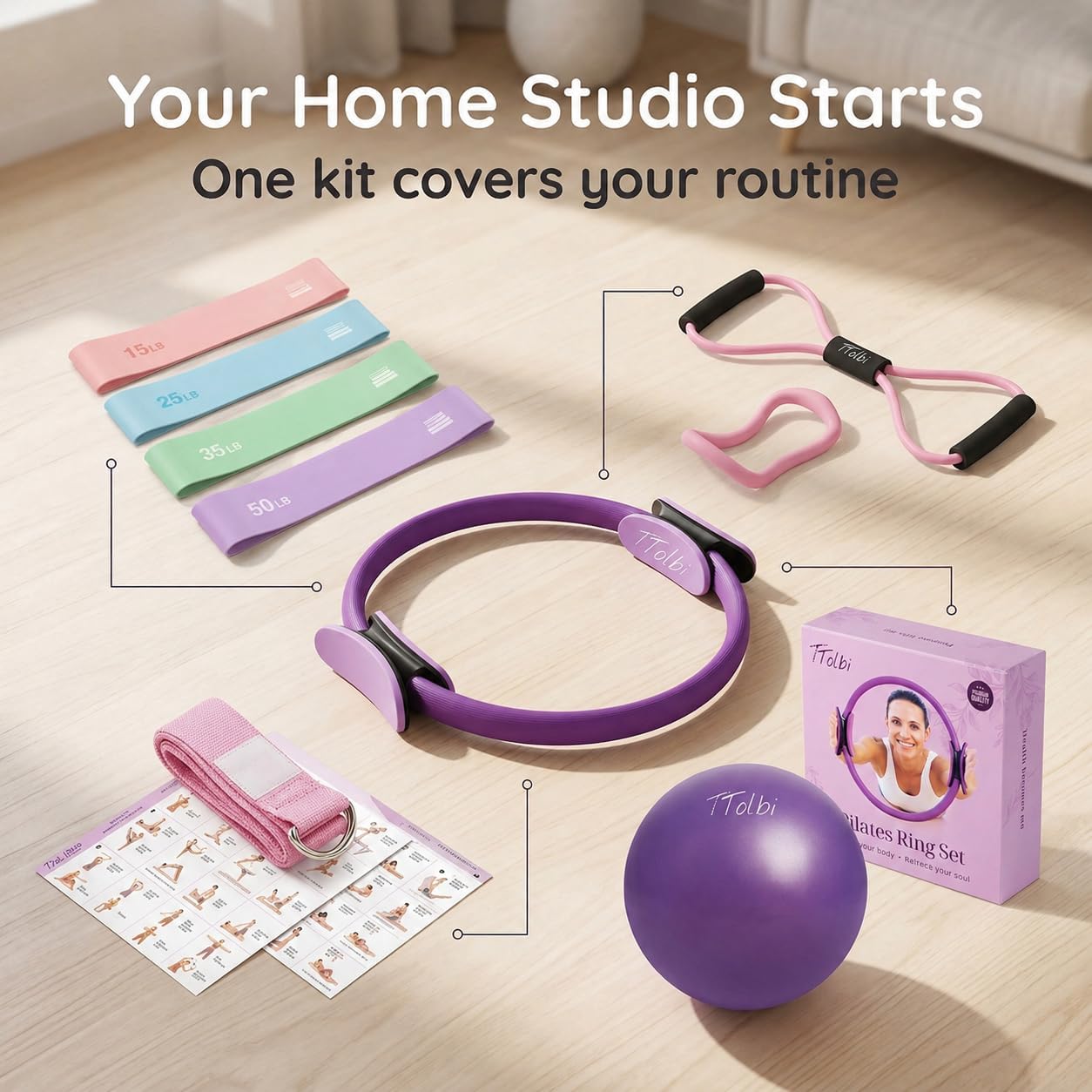 TTolbi Pilates Equipment Kit - Pilates Ring and Ball Set, Home Pilates Workout Kit for Women with Essential Accessories for At Home Workouts to Tone, Strengthen, Balance & Improve Flexibility - Image 2