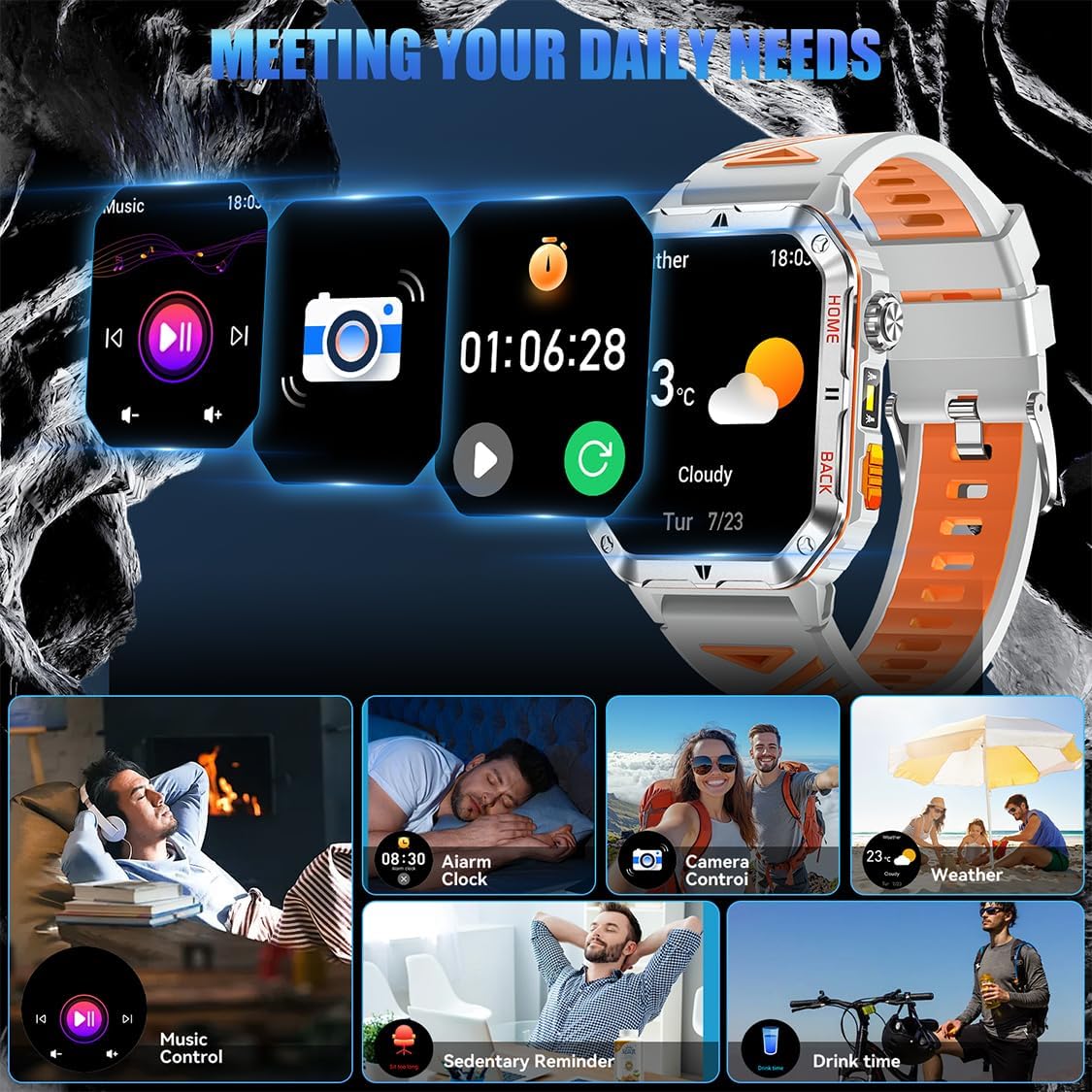 Military Smart Watch for Men, 2.01” Fitness Tracker with 1200mAh Battery Life, Bluetooth Calling, Flashlight, 5ATM Waterproof, Heart Rate & Sleep Tracking, 110+ Sports Modes for Android & iPhone - Image 8
