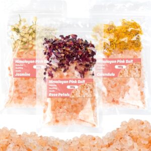 3 Pack Pink Bath Salts – Foot Soaking Salts Himalayan Pink Salt with Rose Petals Marigold and Jasmine Buds Himalayan Salt for Men and Women Nourishing Soothing and Relaxing Skin 140g(Pack of 1)