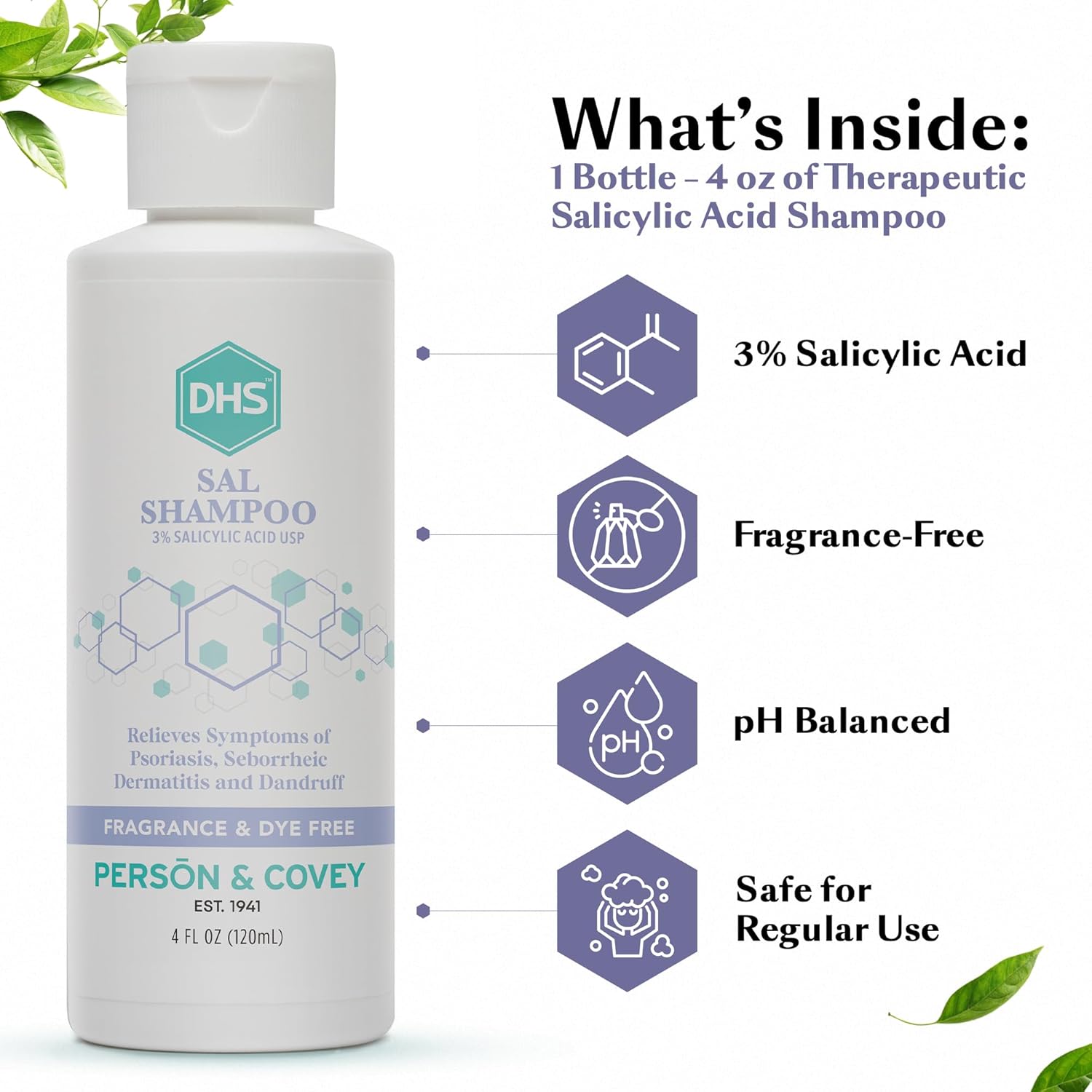 DHS SAL Shampoo - Maximum Strength Shampoo for Psoriasis, Eczema, and Dandruff / Medicated Anti-Dandruff Shampoo Reduces Oil, Treats Itchy Scalp with Salicylic Acid / PBA-free, Fragrance-free / 4oz - Image 3