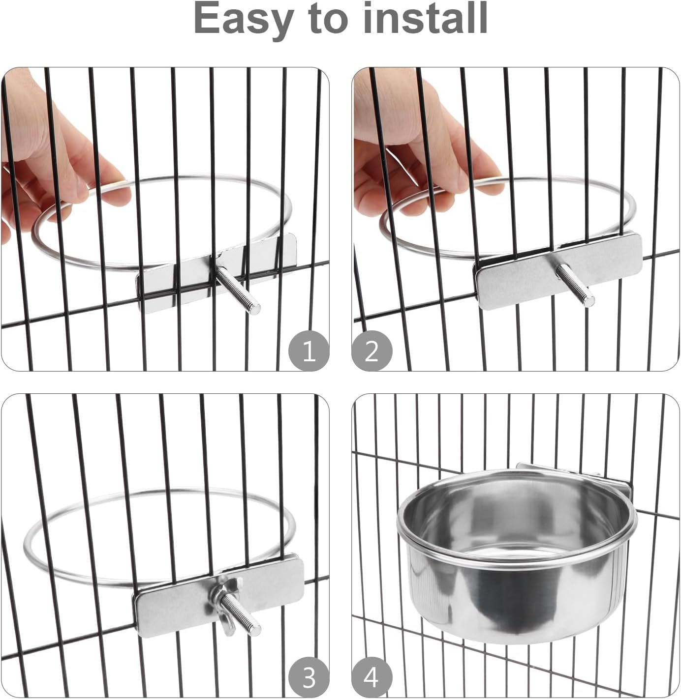 Wontee Pet Food Water Bowl with Clamp Holder Stainless Steel Feeding Cups Feeder for Dog Bird Parrot Cat Rabbit, 2 Packs (M) - Image 6