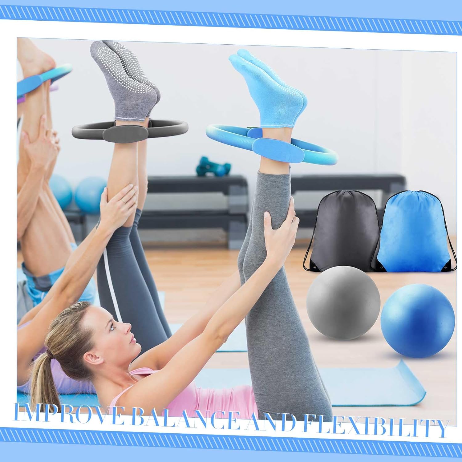 Poen Pilates Equipment Kit for Home Workout Pilates Ring and Ball Set for Women 12'' Circle Yoga Fitness Essentials Kit with Resistance Bands, Yoga Strap, Socks,Bag - Image 7
