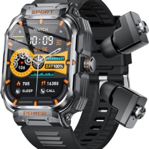 Military Smart Watch with Earbuds for Men and Women,2” Tactical Display,Sport Modes,Fitness Tracker,Heart Rate,Answer/Make Call, Sleep Monitor, SmartWatch Built-in Headphone Combo,iOS & Android