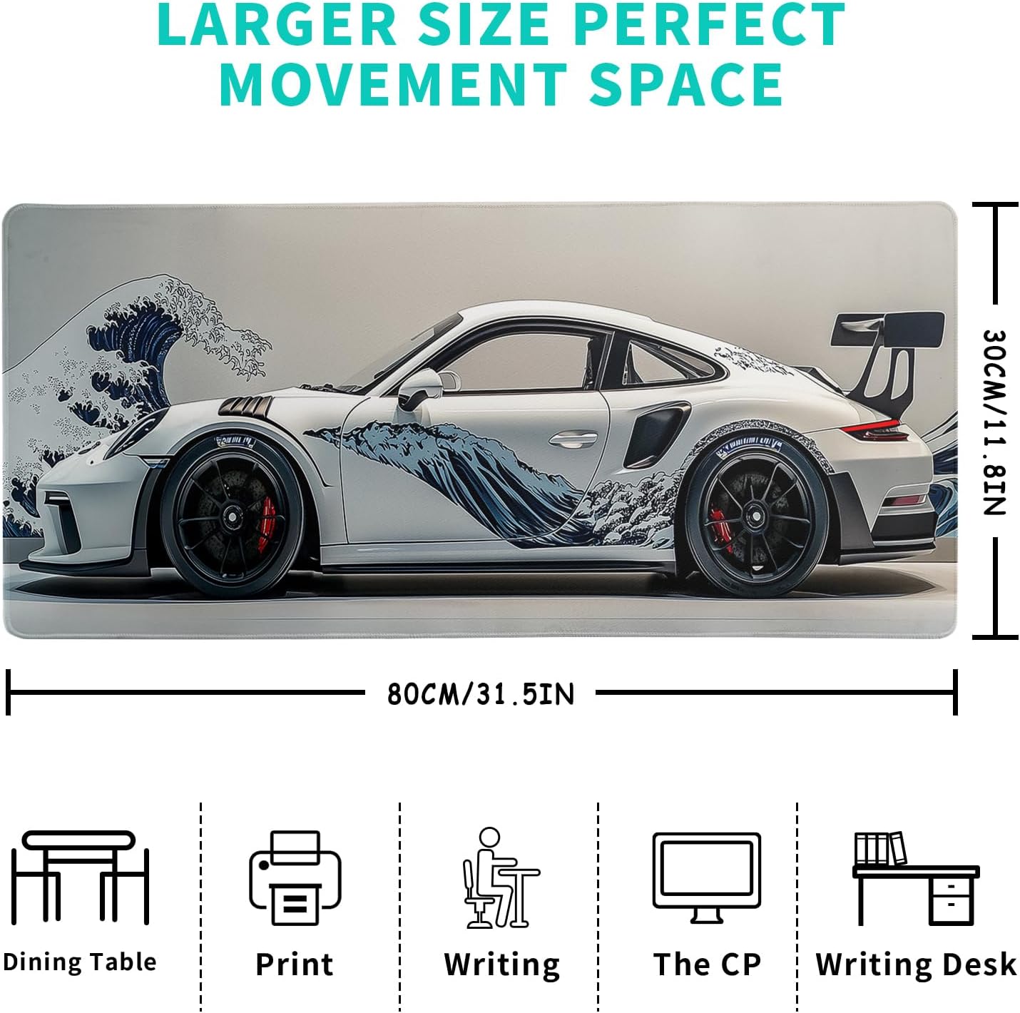 White Ukiyo-e Style Sports Car Large Gaming Mouse Pad Desktop Mat 31.5x11.8 Inch - Non-Slip Rubber Base - for Gamers - Perfect for Gamers & PC Enthusiasts - Image 2