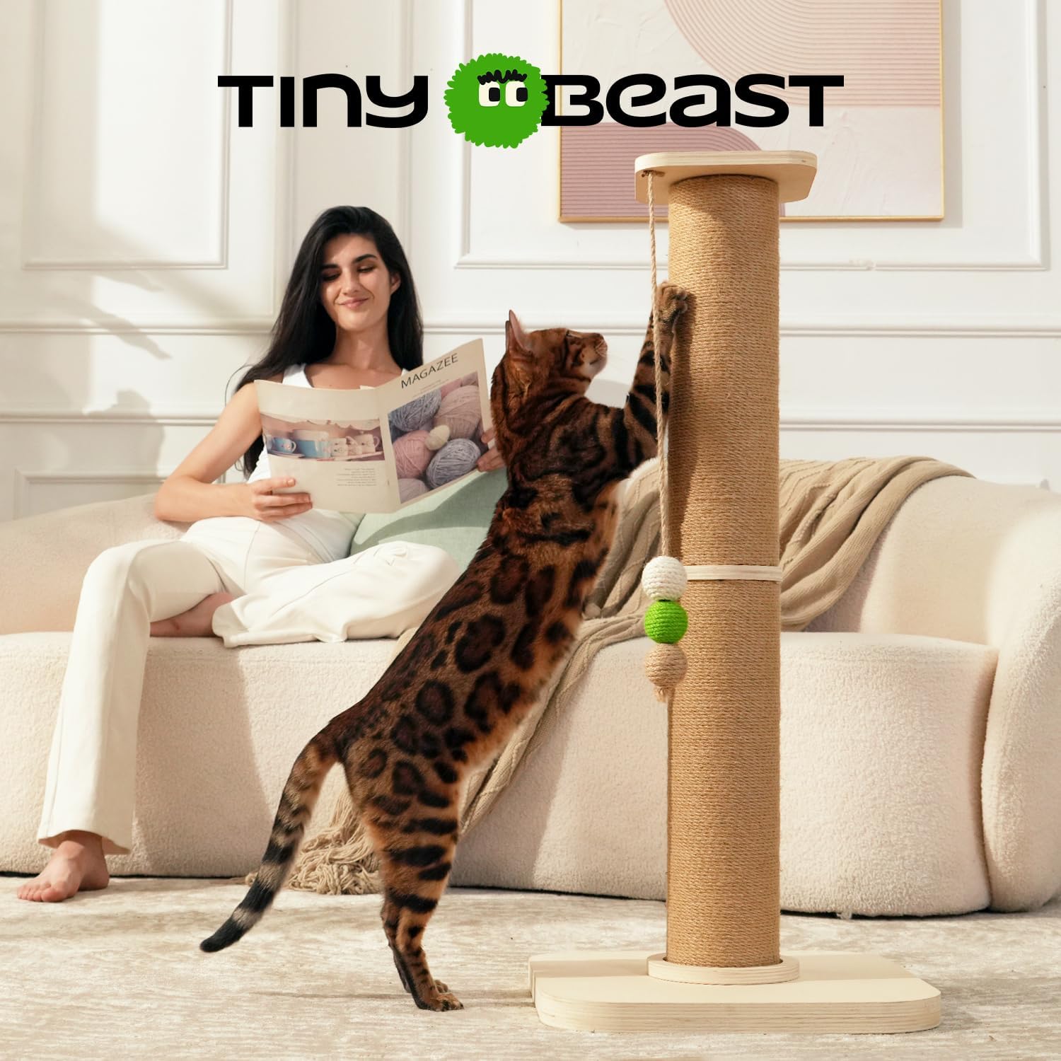 TINYBEAST Wooden Cat Scratching Post, Sturdy 35'' Tall Natural Sisal Cat Scratcher with Thick Solid Wood Base for Adult Cats Indoor, Jumbo Durable Stable Cat Scratcher Tower - Image 4