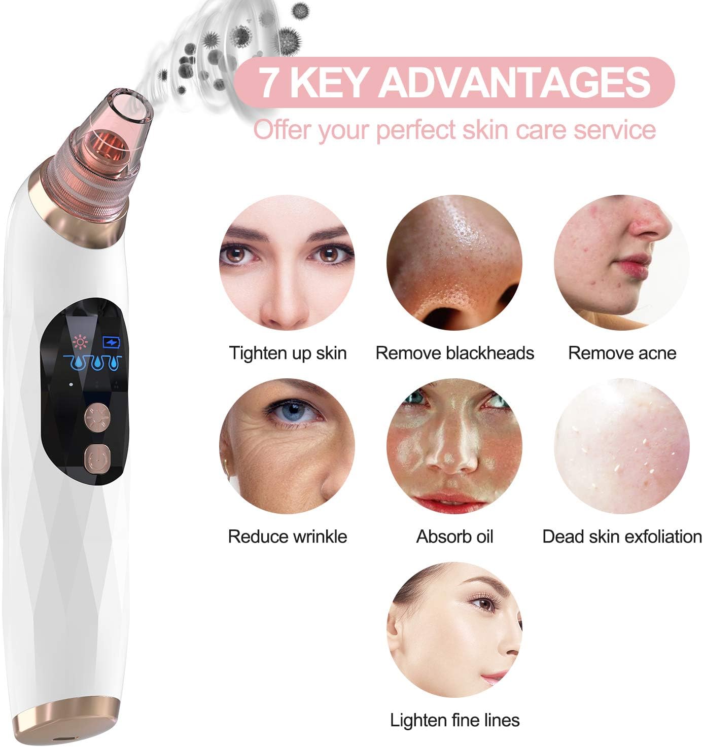 Blackhead Remover Pore Vacuum with Hot Compress-2026 Upgraded Electric Face Cleaner Pore Extractor Pimple Extractor Acne White Heads Removal Tool with 5 Suction Head LCD Screen and Base - Image 3