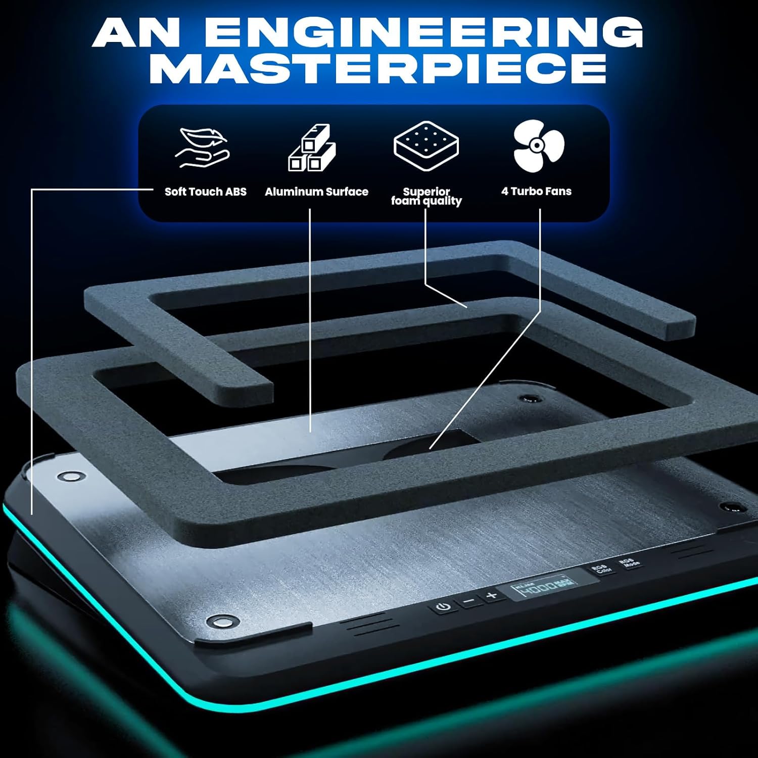 KLIM Turbofrost - Gaming Laptop Cooling Pad - 4 Powerful Turbo Fans - 4 x 4000 RPM, Laptop Cooler 2 Power Modes USB-C/DC, Dynamic RGB, 4-Ports USB, Sealed Foam for Fast Cooling for Laptops up to 17in - Image 4