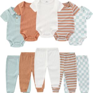 Ruliby Baby Bodysuit and Pant Set Summer Ribbed Mix Match Infant Boy Girl Clothes Outfits