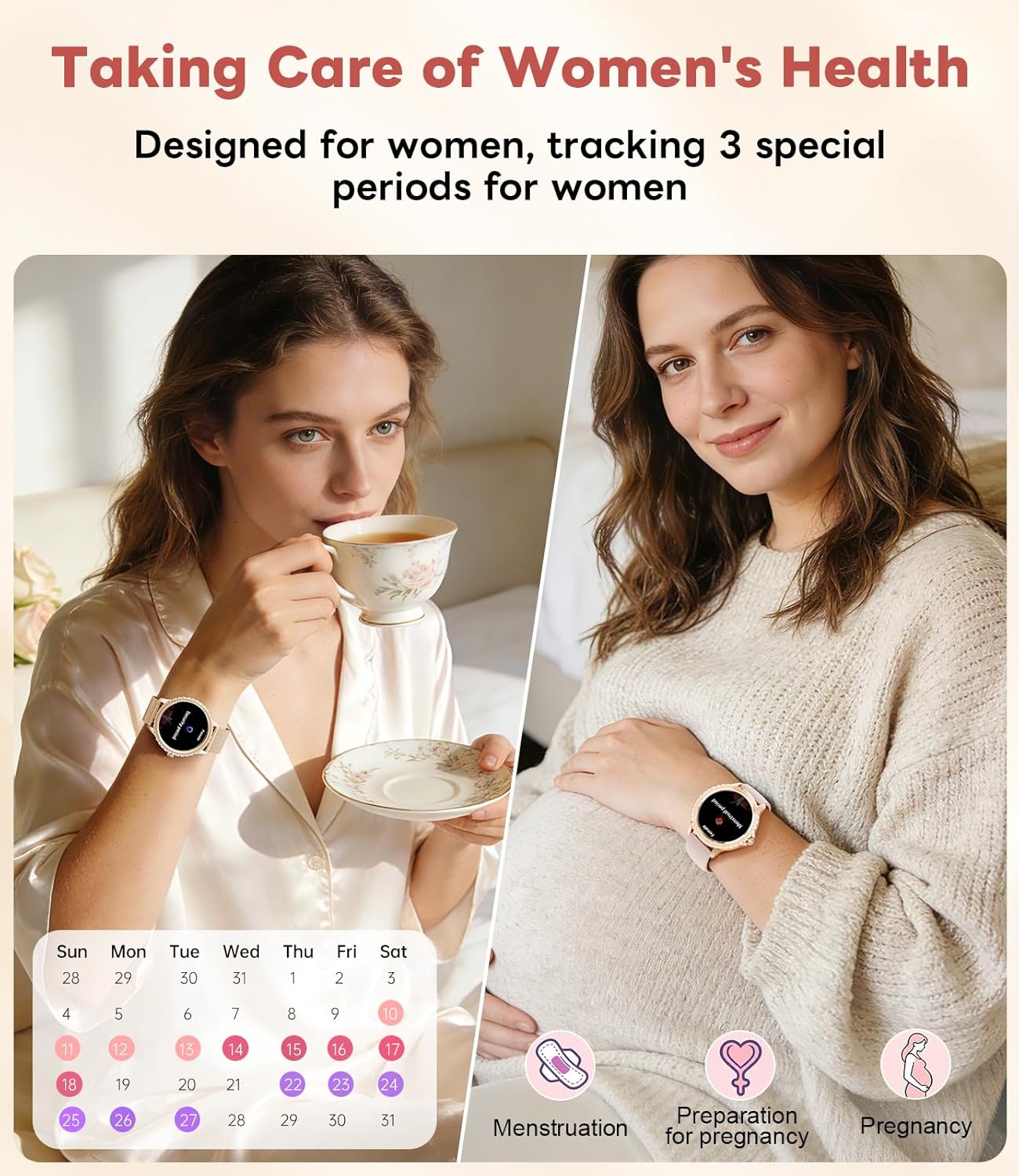 Smart Watch for Women Diamond, Bluetooth Calls, 1.32-inch HD Screen Round Fitness Tracker with Menstrual Cycle/Sleep/Heart Rate Monitor, 100+ Sports Mode, Android/iOS Phone, Rose Gold - Image 5