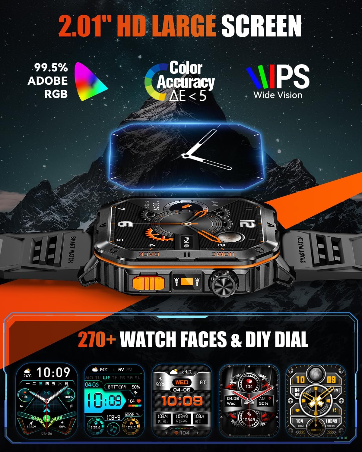 Military Smart Watch for Men, 2.01'' Fitness Tracker with 1200mAh Long Battery Life, Bluetooth Calls, Flashlight, IP68 Waterproof, Heart Rate/Sleep Tracking, 100+ Sports Modes for Android iPhone - Image 6