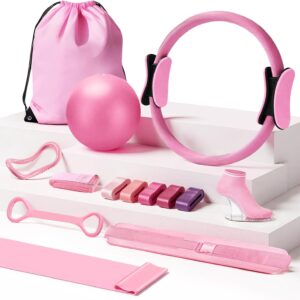 Pilates Kit, Home Pilates Essentials Kit for Women, Pilates Equipment Ring and Ball Set with 5 Resistance Bands, Hip Thrust Belt & Grip Socks Accessories, Toning Home Workouts Starter Set