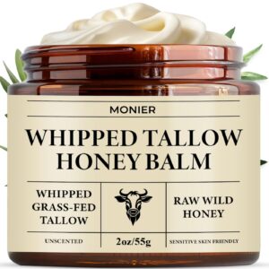 MONIER Whipped Beef Tallow for Skin, Tallow and Honey Balm for Face, Moisturizer with 100% Organic Grass-Fed Beef Tallow & Raw Wild Honey – Packaging May Vary – Dry & Sensitive Skin (Unscented)