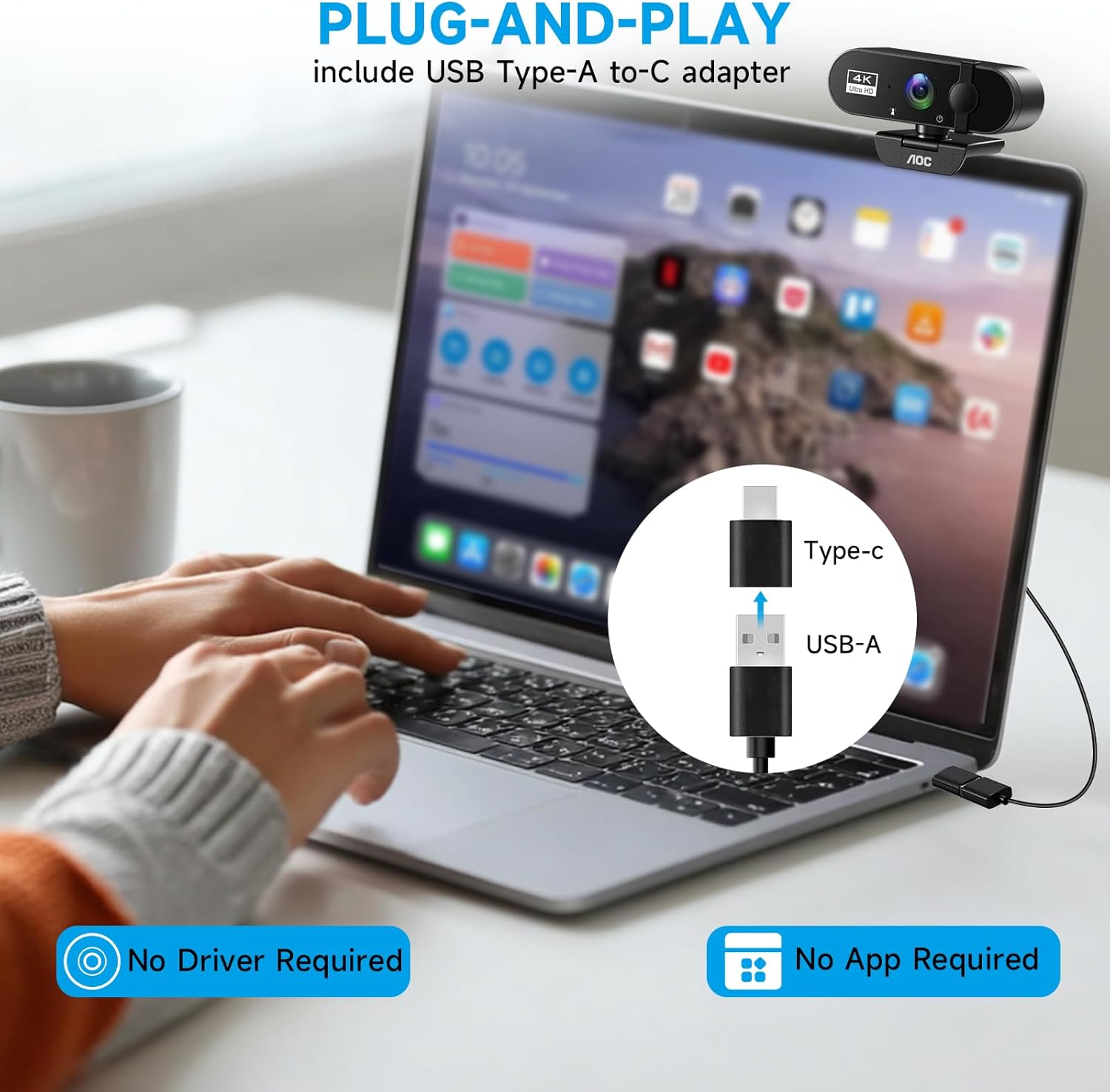 AOC 4k Webcam for PC with Microphone, Computer Camera with Noise Cancellation, Privacy Cover, 99° FOV, Plug & Play USB Webcam for Streaming, Conferencing, Zoom, Skype, Facetime, Laptop, PC, Skype - Image 5